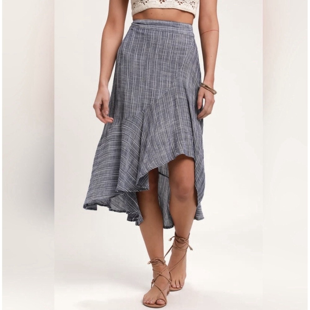 Lulus By the Bay Ruffled Midi Skirt S Washed Blue Boho Chic Asymmetrical Flowy